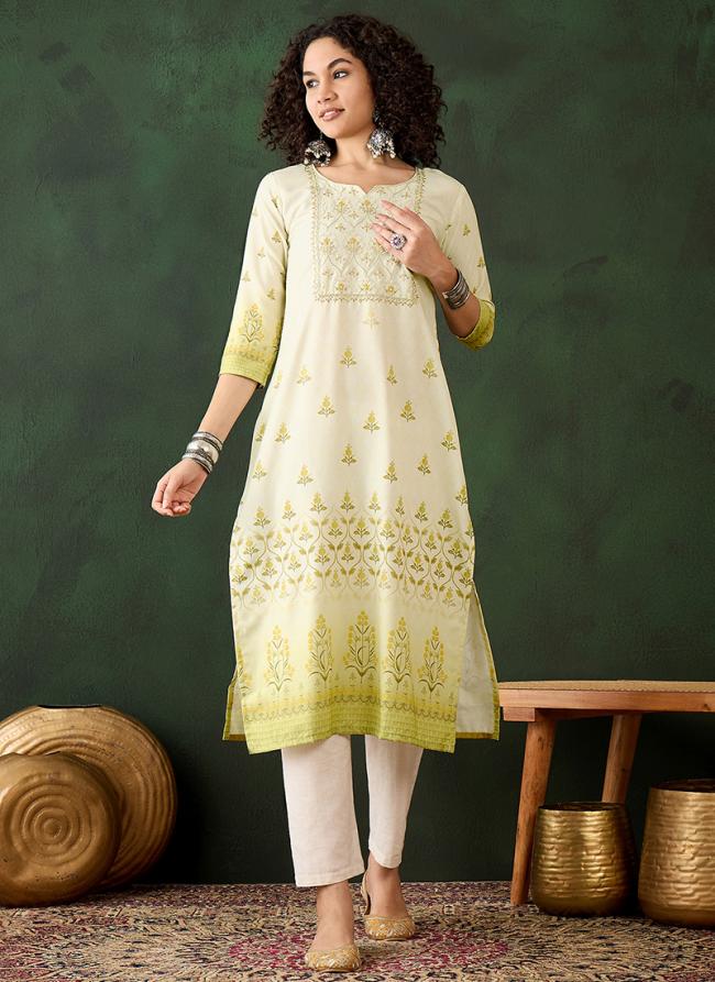 Rayon Light Green Office Wear Embroidery Work Readymade Kurti